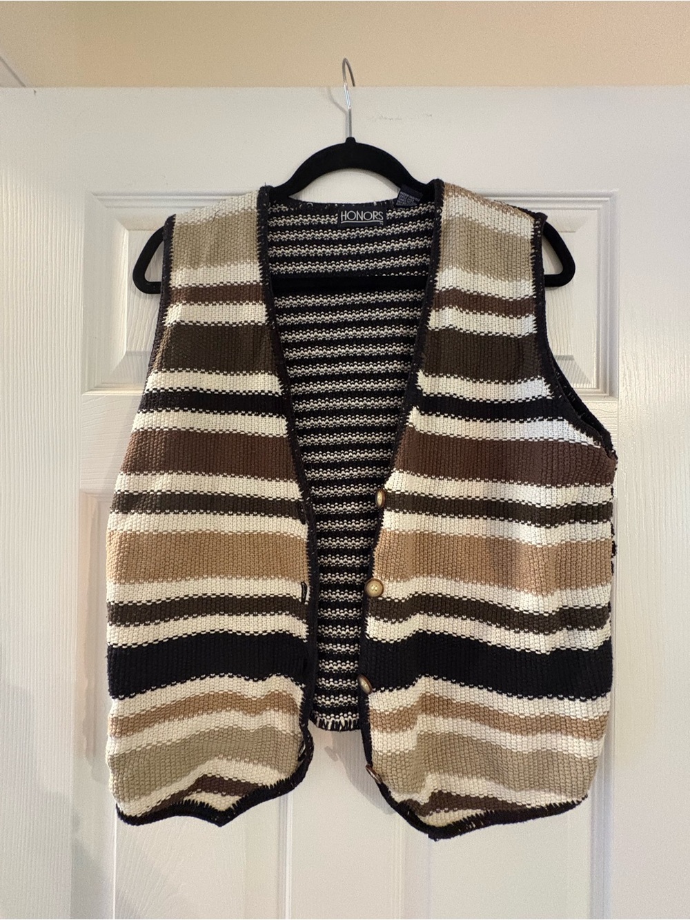 Striped Knit Cardigan Vest in Brown and Cream